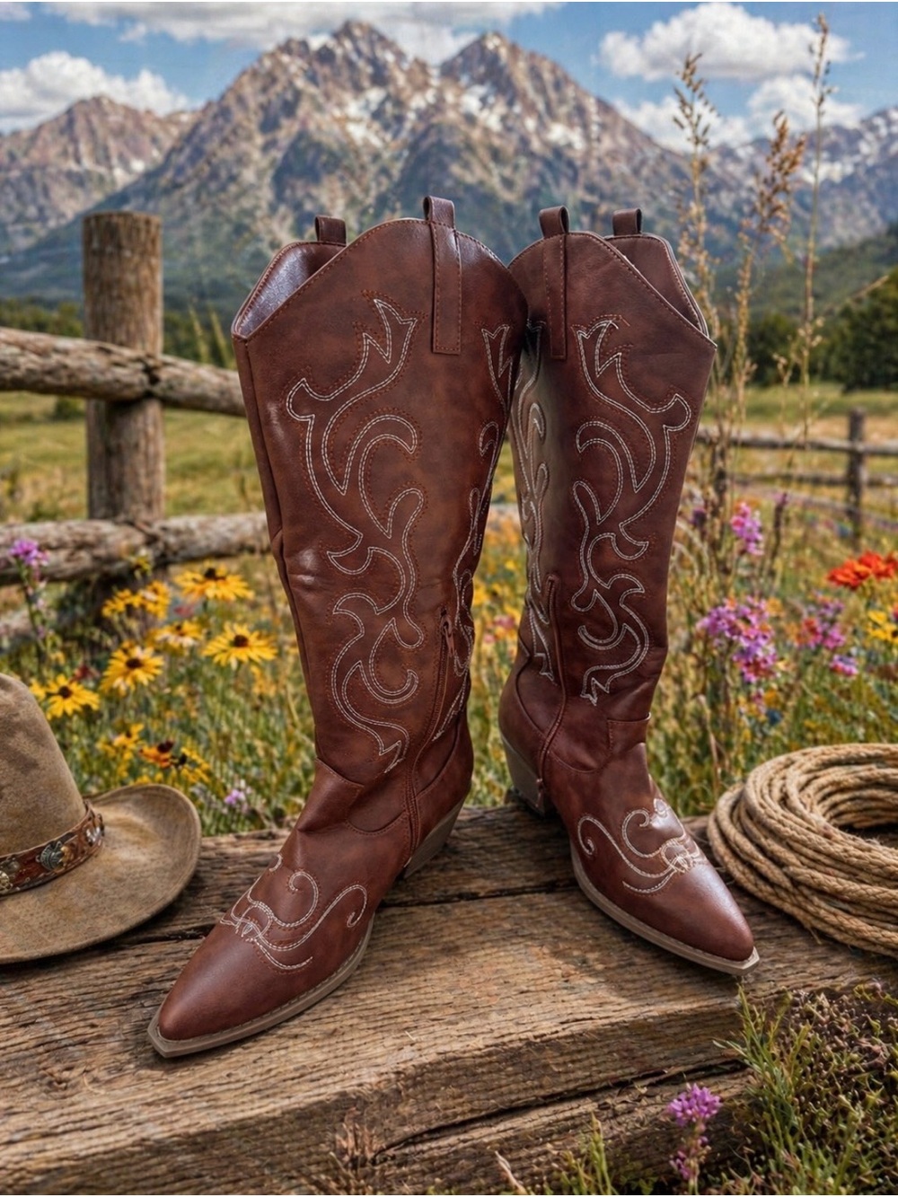 Women's Brown Embroidered Western Heeled Boots